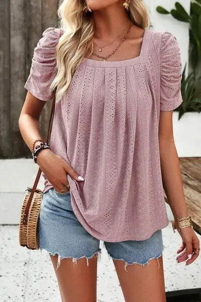 Eyelet Square Neck Puff Sleeve T-Shirt Moonlit Mauve Women's T-Shirts - Tophatter Daily Deals